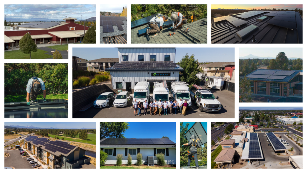 Collage showing rooftop solar panel installations on various buildings, workers installing panels, and company vehicles with people posing in front of a business.
